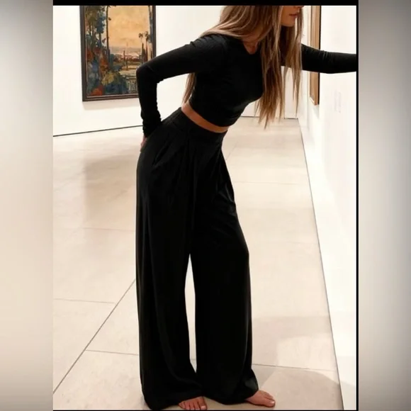 Elegant Black 2 Piece Outfit Long Sleeve, High Wait Wide Leg Pants - Picture 5 of 8